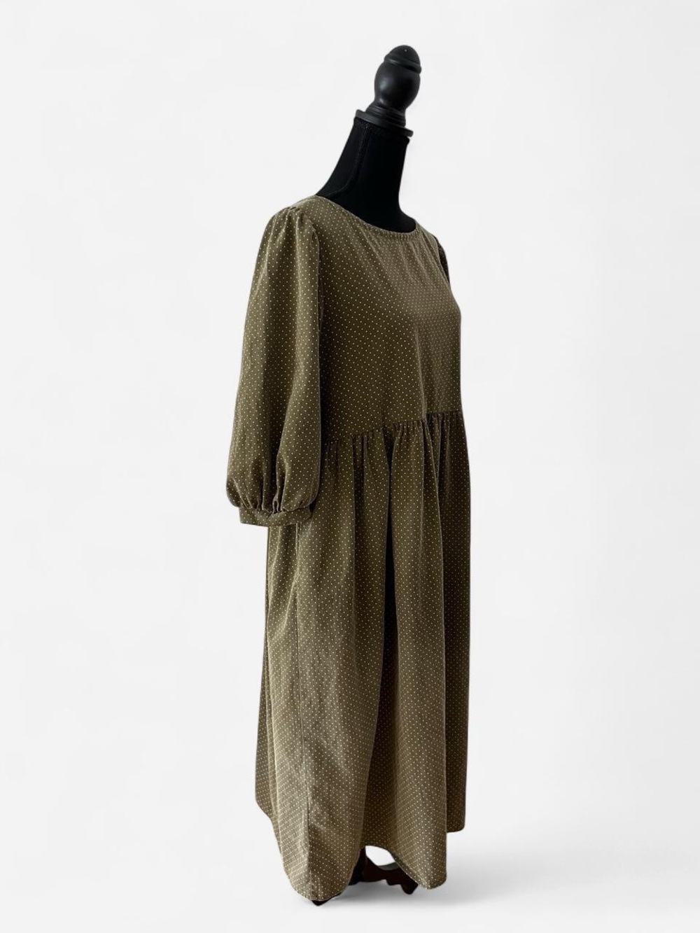 Olive Green Polka Dot Cottagecore Smock Dress Size Medium Prairie Farmcore Midi - Picture 3 of 8